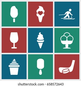 Ice icons set. set of 9 ice filled icons such as cocktail, skiing