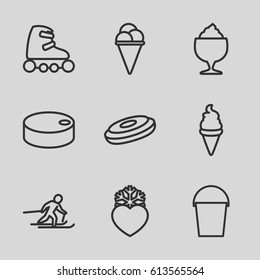 Ice icons set. set of 9 ice outline icons such as ice cream, milkshake, bucket, heart frozen, skiing, hockey puck