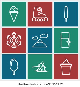 Ice icons set. set of 9 ice outline icons such as clean fridge, snowflake, skiing, skate rollers