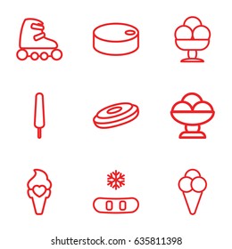 Ice icons set. set of 9 ice outline icons such as hockey puck, skate rollers