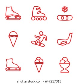 Ice icons set. set of 9 ice outline icons such as snowboard, hockey stick and puck, skate rollers