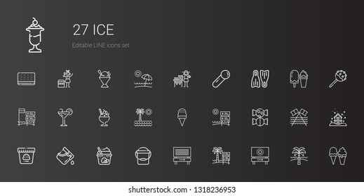ice icons set. Collection of ice with beach, bucket, ice cream, sweet, cocktail, flippers, scoop, lemonade, snowing, cake pop, sorbet, portable fridge. Editable and scalable icons.
