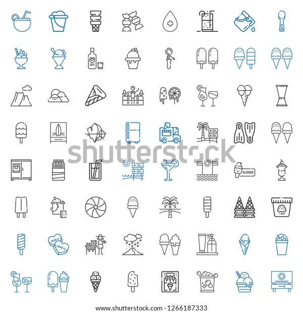 ice icons\
set. Collection of ice with beach, ice cream, bucket, ice cream\
machine, popsicle, cocktails, milkshake, cream, snowing, lemonade,\
candy. Editable and scalable\
icons.