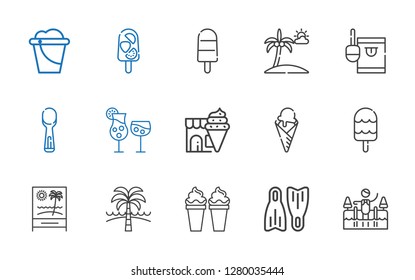 ice icons set. Collection of ice with cold water, flippers, ice cream, beach, cocktails, scoop, candy, popsicle, bucket. Editable and scalable ice icons.