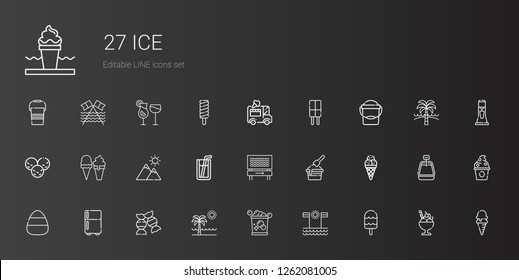ice icons set. Collection of ice with ice cream, beach, bucket, candy, fridge, soda, mountain, ice cream car, frozen yogurt, milkshake, popsicle. Editable and scalable icons.