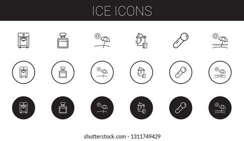 ice icons set. Collection of ice with ice cream machine, whiskey, beach, bucket, scoop. Editable and scalable icons.