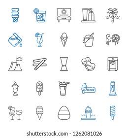 ice icons set. Collection of ice with popsicle, ice cream, candy, cocktails, milkshake, ice cream machine, jigger, stick, mountain, sweets, bucket. Editable and scalable icons.