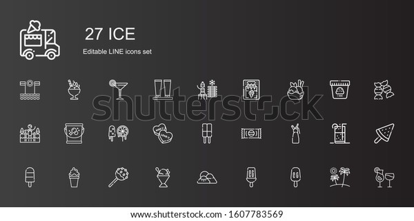 ice icons set.\
Collection of ice with popsicle, mountain, sorbet, cake pop, ice\
cream, whipped cream, sweet, candy, sweets, bucket, cold water.\
Editable and scalable\
icons.