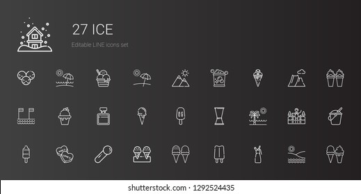 ice icons set. Collection of ice with whipped cream, popsicle, ice cream, scoop, candy, beach, jigger, cream cone, whiskey, bucket, mountain. Editable and scalable icons.