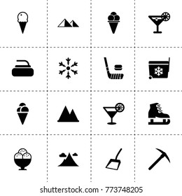 Ice icons. vector collection filled ice icons. includes symbols such as scoop, mountain, pick, cocktail, stone for curling, hockey. use for web, mobile and ui design.