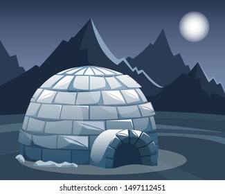 Ice igloo in the field against the mountains. Winter Northern landscape in the night. The life of the Inuit.