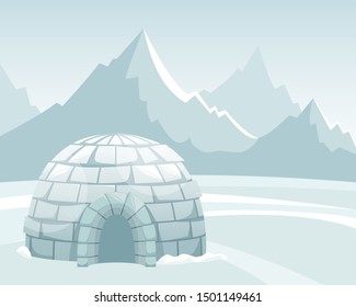 Ice igloo in the field against the mountains. Winter Northern landscape. The life of the Inuit.