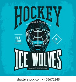 Ice or inline hockey goalkeeper helmet or mask as sport team badge or logo, sign or banner. Varsity design for street sportswear or sports gear logotype on t-shirt
