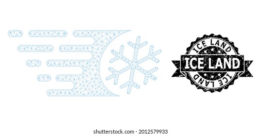 Ice Land corroded seal and vector fast freezing mesh model. Black seal has Ice Land title inside ribbon and rosette. Abstract flat mesh fast freezing, designed with flat mesh.