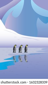 ice land and penguin vector flat illustration.