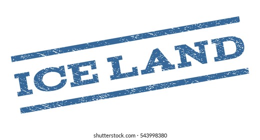 Ice Land watermark stamp. Text tag between parallel lines with grunge design style. Rubber seal stamp with dirty texture. Vector cobalt blue color ink imprint on a white background.