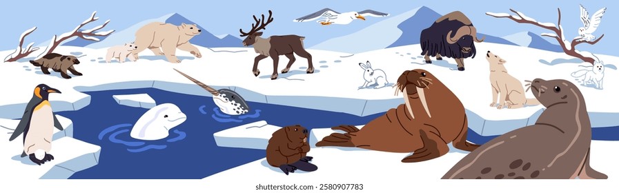 Ice landscape with arctic animals. Northern pole panorama with north bear, reindeer, penguin, polar fox, wolf, walrus, narwhal and beluga whale. Antarctica wildlife, nature. Flat vector illustration