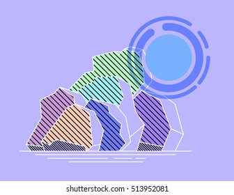 Ice landscape with sun vector outline illustration