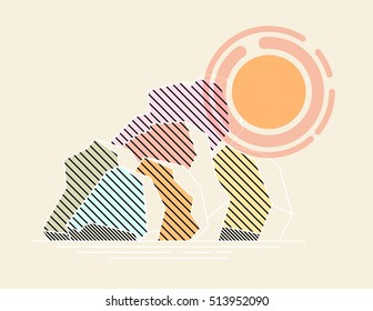 Ice landscape with sun vector outline illustration