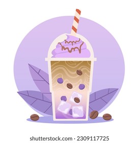 Ice latte concept. Iced coffee in plastic cup with grains. Aroma and beverage. Menu cafe or coffee shop. Summer coffeehouse menu, sweet refreshment. Cartoon flat vector illustration