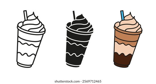 Ice latte icon. Coffee with whipped cream in transparent plastic cup vector illustration. Frappe with straw symbol. Hot drink menu sign. Cafe or cafeteria hot beverage pictogram. Puff coffee concept.