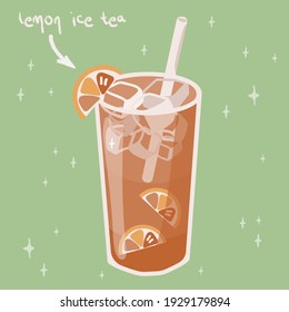 Ice lemon tea. Cute vector illustration. Suitable for menu, flyer, ads, sticker.