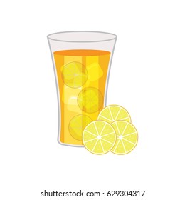 ice lemon tea with lemon, lemon leaf  and ice cube. vector illustration