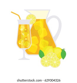 ice lemon tea with lemon, lemon leaf  and ice cube. vector illustration