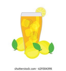 ice lemon tea with lemon, lemon leaf  and ice cube. vector illustration