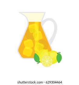 ice lemon tea with lemon, lemon leaf  and ice cube. vector illustration