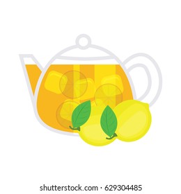 ice lemon tea with lemon, lemon leaf  and ice cube. vector illustration