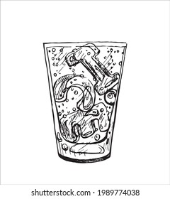Ice letters in a glass. Hand drawn sketch. Vector graphic illustration.
