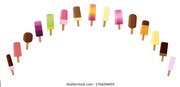 Ice lolly bow, curve, arch. Colorful fruity frozen popsicles sortiment. Isolated vector illustration on white background.
