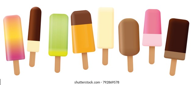 Colección de helados - conjunto de ocho deliciosas paletas de frutas y chocolate con diferentes formas y sabores - ilustraciones vectoriales aisladas sobre fondo blanco.
