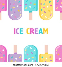 Ice lolly. Color  ice-cream of different taste with  toppings. Summer dessert. Vector illustration