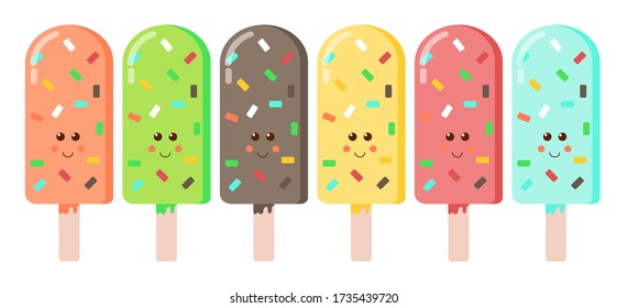 Ice lolly. Color  ice-cream of different taste with  toppings. Summer dessert. Vector illustration