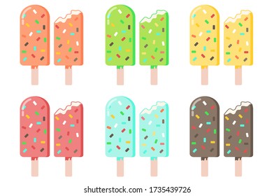 Ice lolly. Color  ice-cream of different taste with  toppings. Summer dessert. Vector illustration