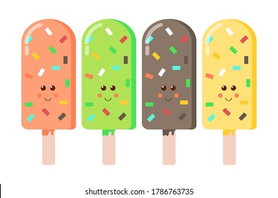 Ice lolly. Color  ice-cream of different taste with  toppings. Summer dessert. Vector illustration