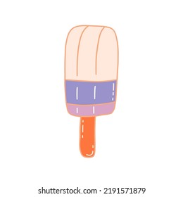 Ice lolly. Colorful vector isolated doodle illustration. Delicious summer dessert. Hand drawn contour clip art. Ice cream on a wooden stick