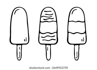 Ice lolly or ice cream on stick, hand drawn doodle isolated on white. Black and white line drawing sketch of striped flavored ice pop. Vector clipart for graphic design and print.