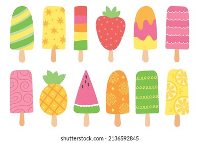 Ice lolly design elements isolated on white. Fun, bright, colorful, hand drawn vector illustrations.