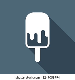 Ice lolly, eskimo on stick with chocolate, ice-cream. Simple icon. White flat icon with long shadow on blue background