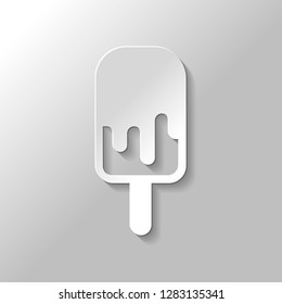 Ice lolly, eskimo on stick with chocolate, ice-cream. Simple icon. Paper style with shadow on gray background