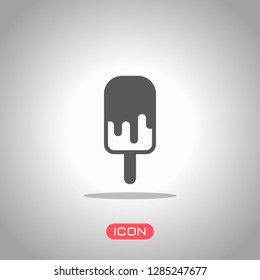 Ice lolly, eskimo on stick with chocolate, ice-cream. Simple icon. Icon under spotlight. Gray background