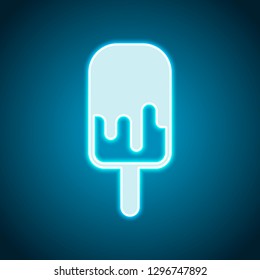 Ice lolly, eskimo on stick with chocolate, ice-cream. Simple icon. Neon style. Light decoration icon. Bright electric symbol