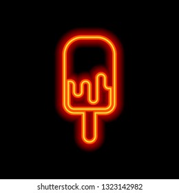 Ice lolly, eskimo on stick with chocolate, ice-cream. Simple icon. Orange neon style on black background. Light icon