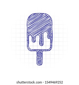 Ice lolly, eskimo on stick with chocolate, ice-cream. Simple icon. Hand drawn sketched picture with scribble fill. Blue ink. Doodle on white background