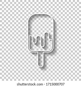 Ice lolly, eskimo on stick with chocolate, ice-cream. Simple icon. White outline sign with shadow on transparent background
