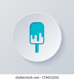 Ice lolly, eskimo on stick with chocolate, ice-cream. Simple icon. Cut circle with gray and blue layers. Paper style