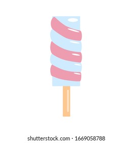 Ice lolly in flat style. Spiral ice cream on a wooden stick. Frozen popsicles isolated on white background. Vector illustration